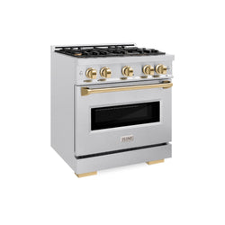 ZLINE Autograph Edition 30 in. 4.2 cu. ft. Classic Dual Fuel Range with 4 Burner Gas Cooktop and Electric Convection Oven in Satin Stainless Steel with Polished Gold Accents, Open Box-Great Condition