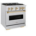 ZLINE Autograph Edition 30 in. 4.2 cu. ft. Classic Dual Fuel Range with 4 Burner Gas Cooktop and Electric Convection Oven in Satin Stainless Steel with Polished Gold Accents, Open Box-Great Condition