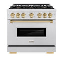 ZLINE Autograph Edition 36 in. 5.2 cu. ft. Classic Dual Fuel Range with 6 Burner Gas Cooktop and Electric Convection Oven in Satin Stainless Steel with Polished Gold Accents, Open Box-Good Condition