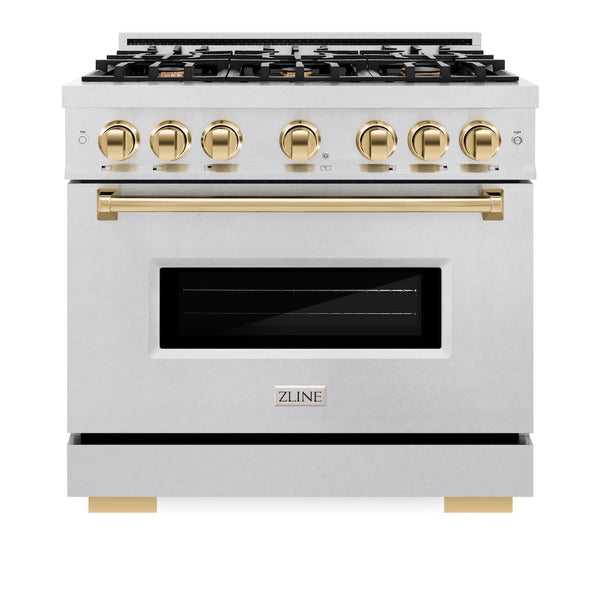 ZLINE Autograph Edition 36 in. 5.2 cu. ft. Classic Dual Fuel Range with 6 Burner Gas Cooktop and Electric Convection Oven in Satin Stainless Steel with Polished Gold Accents, Open Box-Good Condition