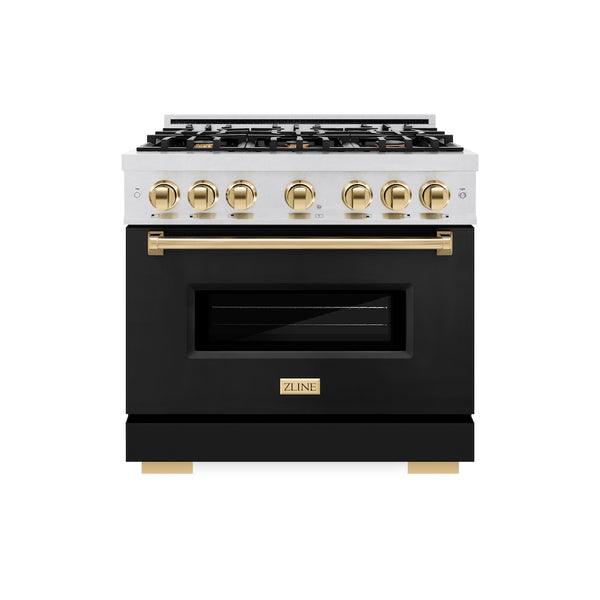 ZLINE Autograph Edition 36 in. 5.2 cu. ft. Classic Dual Fuel Range with 6 Burner Gas Cooktop and Electric Convection Oven in Satin Stainless Steel with Black Matte Door and Polished Gold Accents, Open Box-Great Condition