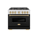 ZLINE Autograph Edition 36 in. 5.2 cu. ft. Classic Dual Fuel Range with 6 Burner Gas Cooktop and Electric Convection Oven in Satin Stainless Steel with Black Matte Door and Polished Gold Accents (CDRSZ-BLM-36-G)