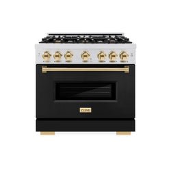 ZLINE Autograph Edition 36 in. 5.2 cu. ft. Classic Dual Fuel Range with 6 Burner Gas Cooktop and Electric Convection Oven in Satin Stainless Steel with Black Matte Door and Polished Gold Accents (CDRSZ-BLM-36-G)