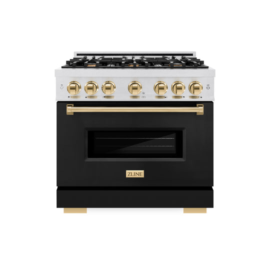 ZLINE Autograph Edition 36 in. 5.2 cu. ft. Classic Dual Fuel Range with 6 Burner Gas Cooktop and Electric Convection Oven in Satin Stainless Steel with Black Matte Door and Polished Gold Accents (CDRSZ-BLM-36-G)