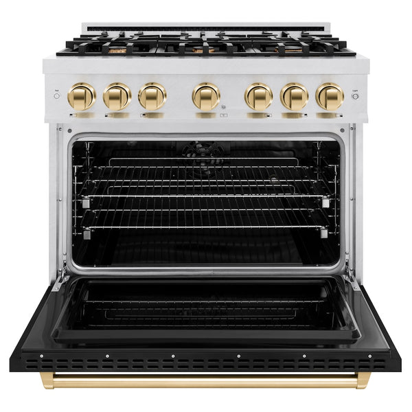 ZLINE Autograph Edition 36 in. 5.2 cu. ft. Classic Dual Fuel Range with 6 Burner Gas Cooktop and Electric Convection Oven in Satin Stainless Steel with Black Matte Door and Polished Gold Accents, Open Box-Great Condition