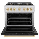 ZLINE Autograph Edition 36 in. 5.2 cu. ft. Classic Dual Fuel Range with 6 Burner Gas Cooktop and Electric Convection Oven in Satin Stainless Steel with Black Matte Door and Polished Gold Accents, Open Box-Good Condition