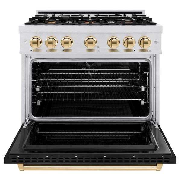 ZLINE Autograph Edition 36 in. 5.2 cu. ft. Classic Dual Fuel Range with 6 Burner Gas Cooktop and Electric Convection Oven in Satin Stainless Steel with Black Matte Door and Polished Gold Accents, Open Box-Good Condition