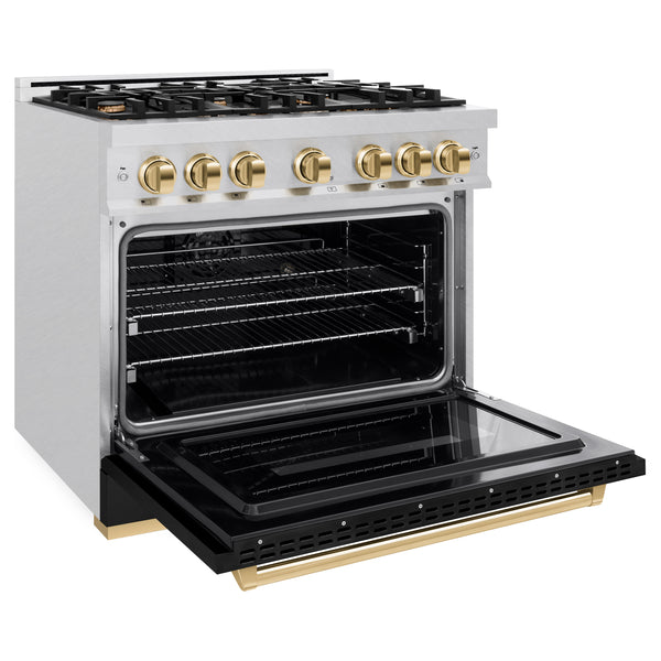 ZLINE Autograph Edition 36 in. 5.2 cu. ft. Classic Dual Fuel Range with 6 Burner Gas Cooktop and Electric Convection Oven in Satin Stainless Steel with Black Matte Door and Polished Gold Accents (CDRSZ-BLM-36-G)