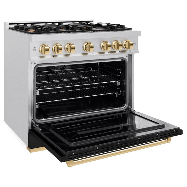 ZLINE Autograph Edition 36 in. 5.2 cu. ft. Classic Dual Fuel Range with 6 Burner Gas Cooktop and Electric Convection Oven in Satin Stainless Steel with Polished Gold Accents, Open Box-Great Condition