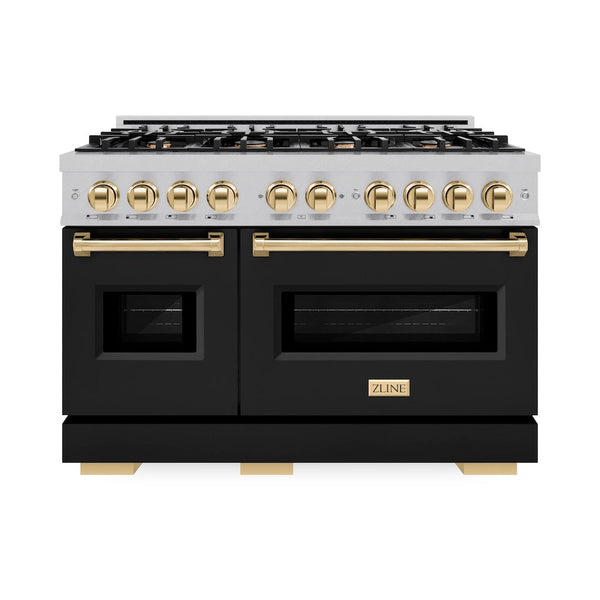 ZLINE Autograph Edition 48 in. 6.7 cu. ft. Classic Double Oven Dual Fuel Range with 8 Burner Gas Cooktop in Satin Stainless Steel with Black Matte Doors and Polished Gold Accents, Open Box-Good Condition