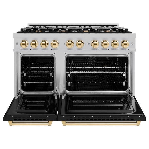 ZLINE Autograph Edition 48 in. 6.7 cu. ft. Classic Double Oven Dual Fuel Range with 8 Burner Gas Cooktop in Satin Stainless Steel with Black Matte Doors and Polished Gold Accents, Open Box-Good Condition