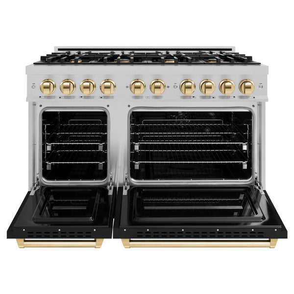 ZLINE Autograph Edition 48 in. 6.7 cu. ft. Classic Double Oven Dual Fuel Range with 8 Burner Gas Cooktop in Satin Stainless Steel with Black Matte Doors and Polished Gold Accents, Open Box-Great Condition