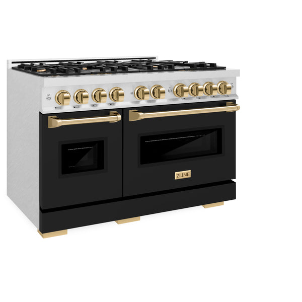 ZLINE Autograph Edition 48 in. 6.7 cu. ft. Classic Double Oven Dual Fuel Range with 8 Burner Gas Cooktop in Satin Stainless Steel with Black Matte Doors and Polished Gold Accents, Open Box-Great Condition