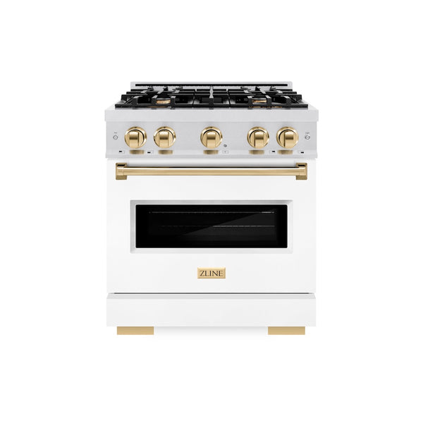 ZLINE Autograph Edition 30 in. 4.2 cu. ft. Classic Dual Fuel Range with 4 Burner Gas Cooktop and Electric Convection Oven in Satin Stainless Steel with White Matte Door and Polished Gold Accents, Open Box-Great Condition