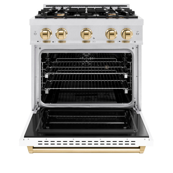 ZLINE Autograph Edition 30 in. 4.2 cu. ft. Classic Dual Fuel Range with 4 Burner Gas Cooktop and Electric Convection Oven in Satin Stainless Steel with White Matte Door and Polished Gold Accents, Open Box-Good Condition