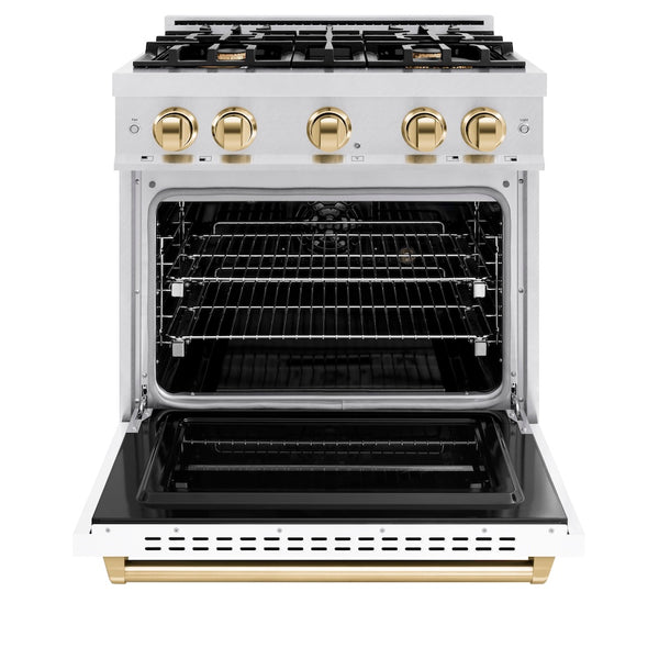 ZLINE Autograph Edition 30 in. 4.2 cu. ft. Classic Dual Fuel Range with 4 Burner Gas Cooktop and Electric Convection Oven in Satin Stainless Steel with White Matte Door and Polished Gold Accents, Open Box-Great Condition