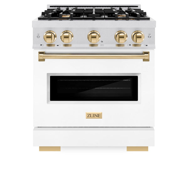 ZLINE Autograph Edition 30 in. 4.2 cu. ft. Classic Dual Fuel Range with 4 Burner Gas Cooktop and Electric Convection Oven in Satin Stainless Steel with White Matte Door and Polished Gold Accents, Open Box-Good Condition