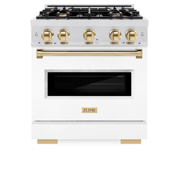 ZLINE Autograph Edition 30 in. 4.2 cu. ft. Classic Dual Fuel Range with 4 Burner Gas Cooktop and Electric Convection Oven in Satin Stainless Steel with White Matte Door and Polished Gold Accents, Open Box-Great Condition