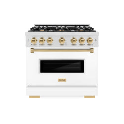 ZLINE Autograph Edition 36 in. 5.2 cu. ft. Classic Dual Fuel Range with 6 Burner Gas Cooktop and Electric Convection Oven in Satin Stainless Steel with White Matte Door and Polished Gold Accents (CDRSZ-WM-36-G)