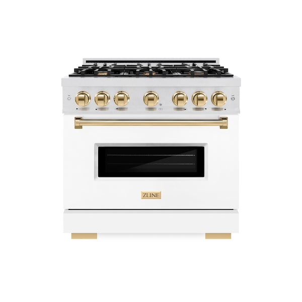 ZLINE Autograph Edition 36 in. 5.2 cu. ft. Classic Dual Fuel Range with 6 Burner Gas Cooktop and Electric Convection Oven in Satin Stainless Steel with White Matte Door and Polished Gold Accents, Open Box-Great Condition