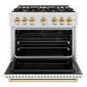 ZLINE Autograph Edition 36 in. 5.2 cu. ft. Classic Dual Fuel Range with 6 Burner Gas Cooktop and Electric Convection Oven in Satin Stainless Steel with White Matte Door and Polished Gold Accents, Open Box-Good Condition