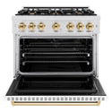 ZLINE Autograph Edition 36 in. 5.2 cu. ft. Classic Dual Fuel Range with 6 Burner Gas Cooktop and Electric Convection Oven in Satin Stainless Steel with White Matte Door and Polished Gold Accents, Open Box-Great Condition