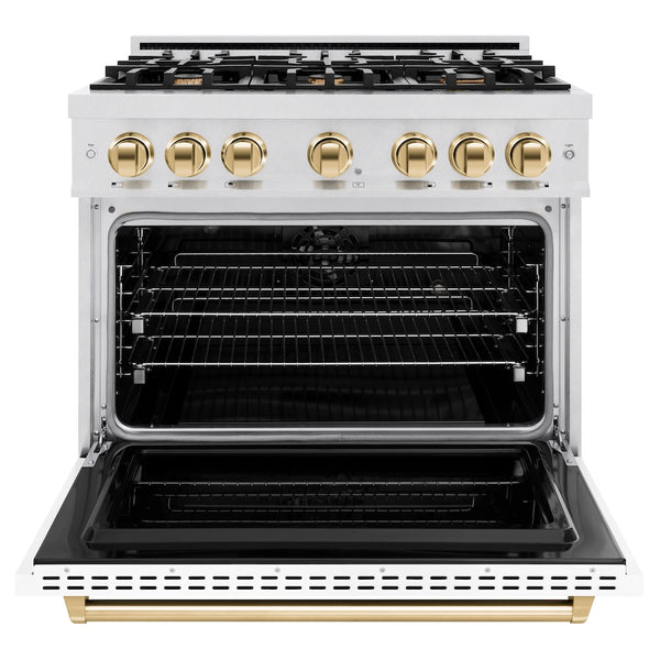 ZLINE Autograph Edition 36 in. 5.2 cu. ft. Classic Dual Fuel Range with 6 Burner Gas Cooktop and Electric Convection Oven in Satin Stainless Steel with White Matte Door and Polished Gold Accents, Open Box-Great Condition