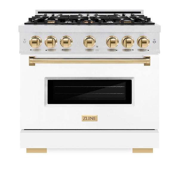 ZLINE Autograph Edition 36 in. 5.2 cu. ft. Classic Dual Fuel Range with 6 Burner Gas Cooktop and Electric Convection Oven in Satin Stainless Steel with White Matte Door and Polished Gold Accents, Open Box-Good Condition