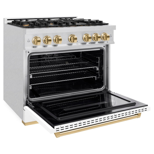 ZLINE Autograph Edition 36 in. 5.2 cu. ft. Classic Dual Fuel Range with 6 Burner Gas Cooktop and Electric Convection Oven in Satin Stainless Steel with White Matte Door and Polished Gold Accents, Open Box-Great Condition