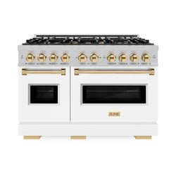 ZLINE Autograph Edition 48 in. 6.7 cu. ft. Classic Double Oven Dual Fuel Range with 8 Burner Gas Cooktop in Satin Stainless Steel with White Matte Doors and Polished Gold Accents (CDRSZ-WM-48-G)