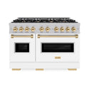 ZLINE Autograph Edition 48 in. 6.7 cu. ft. Classic Double Oven Dual Fuel Range with 8 Burner Gas Cooktop in Satin Stainless Steel with White Matte Doors and Polished Gold Accents, Open Box-Good Condition