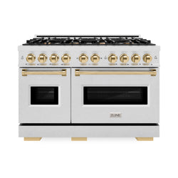 ZLINE Autograph Edition 48 in. 6.7 cu. ft. Classic Double Oven Dual Fuel Range with 8 Burner Gas Cooktop in Satin Stainless Steel and Polished Gold Accents (CDRSZ-48-G)