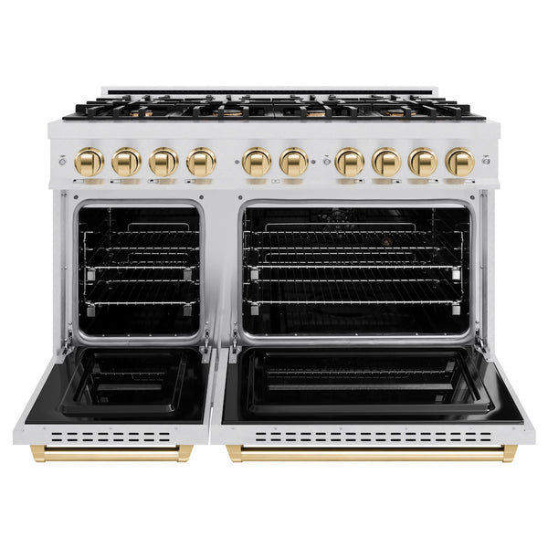 ZLINE Autograph Edition 48 in. 6.7 cu. ft. Classic Double Oven Dual Fuel Range with 8 Burner Gas Cooktop in Satin Stainless Steel and Polished Gold Accents, Open Box-Great Condition
