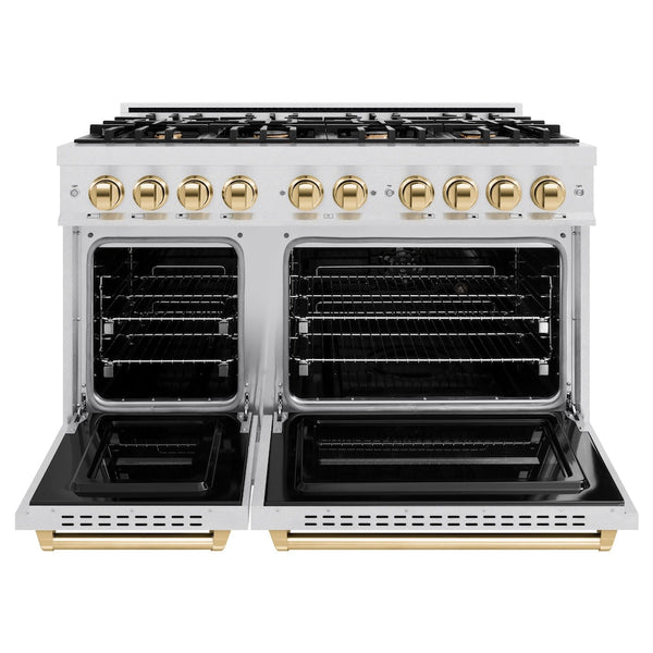 ZLINE Autograph Edition 48 in. 6.7 cu. ft. Classic Double Oven Dual Fuel Range with 8 Burner Gas Cooktop in Satin Stainless Steel and Polished Gold Accents, Open Box-Good Condition
