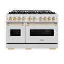 ZLINE Autograph Edition 48 in. 6.7 cu. ft. Classic Double Oven Dual Fuel Range with 8 Burner Gas Cooktop in Satin Stainless Steel and Polished Gold Accents (CDRSZ-48-G)
