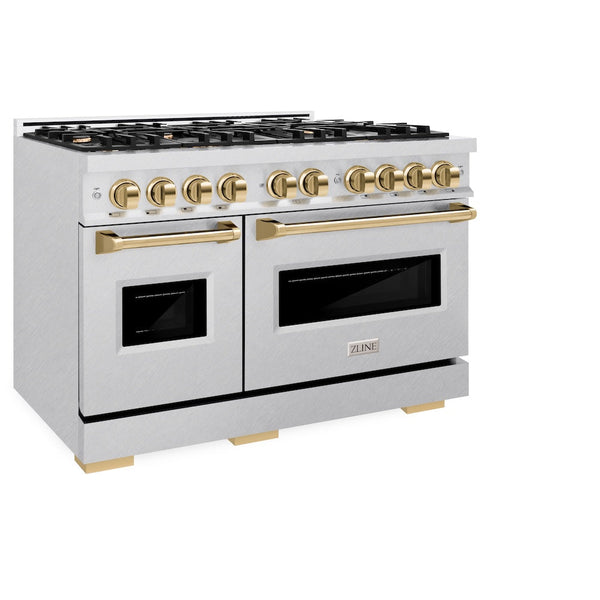 ZLINE Autograph Edition 48 in. 6.7 cu. ft. Classic Double Oven Dual Fuel Range with 8 Burner Gas Cooktop in Satin Stainless Steel and Polished Gold Accents, Open Box-Good Condition