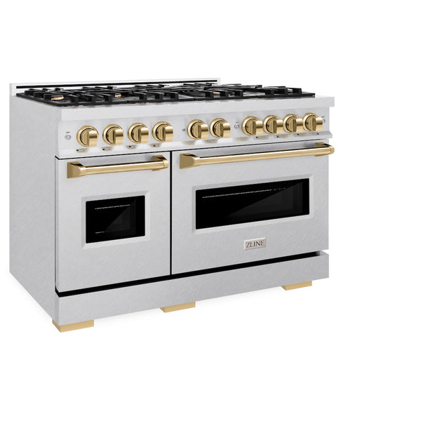 ZLINE Autograph Edition 48 in. 6.7 cu. ft. Classic Double Oven Dual Fuel Range with 8 Burner Gas Cooktop in Satin Stainless Steel and Polished Gold Accents, Open Box-Great Condition