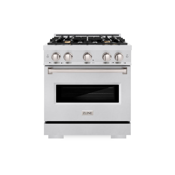 ZLINE 30 in. 4.2 cu. ft. Classic Dual Fuel Range with Gas Cooktop and Electric Convection Oven in Satin Stainless Steel with 4 Brass Burners (CDRS-BR-30)