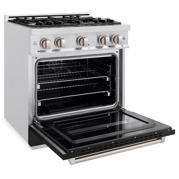 ZLINE 30 in. 4.2 cu. ft. Classic Gas Range with 4 Burner Cooktop and Convection Gas Oven in Satin Stainless Steel with Black Matte Door (CGRS-BLM-30)