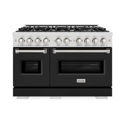 ZLINE 48 in. 6.7 cu. ft. Classic Double Oven Gas Range with 8 Burner Cooktop in Satin Stainless Steel with Black Matte Doors (CGRS-BLM-48)