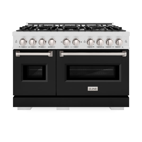 ZLINE 48 in. 6.7 cu. ft. Classic Double Oven Gas Range with 8 Burner Cooktop in Satin Stainless Steel with Black Matte Doors (CGRS-BLM-48)
