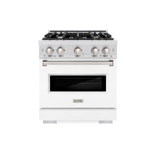 ZLINE 30 in. 4.2 cu. ft. Classic Gas Range with 4 Burner Cooktop and Convection Gas Oven in Satin Stainless Steel with White Matte Door (CGRS-WM-30)