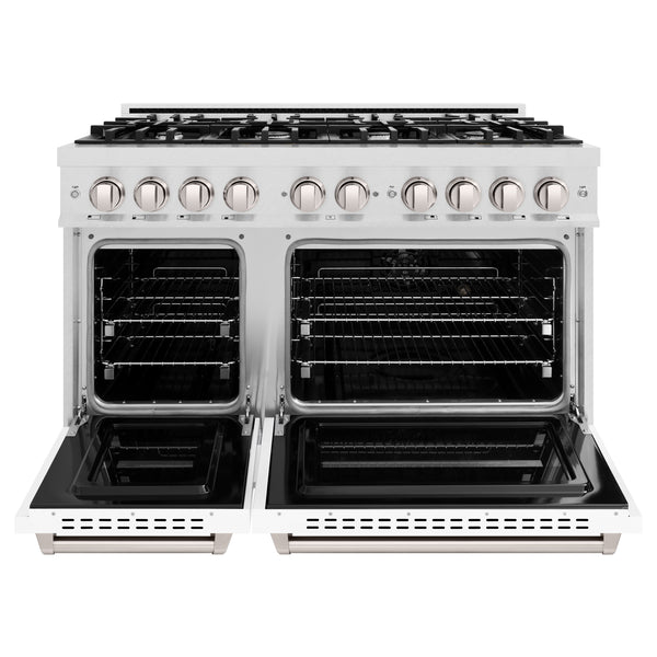 ZLINE 48 in. 6.7 cu. ft. Classic Double Oven Gas Range with 8 Burner Cooktop in Satin Stainless Steel with White Matte Doors (CGRS-WM-48)