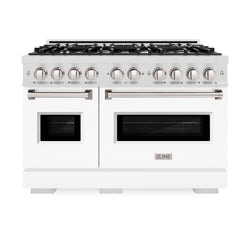 ZLINE 48 in. 6.7 cu. ft. Classic Double Oven Gas Range with 8 Burner Cooktop in Satin Stainless Steel with White Matte Doors (CGRS-WM-48)