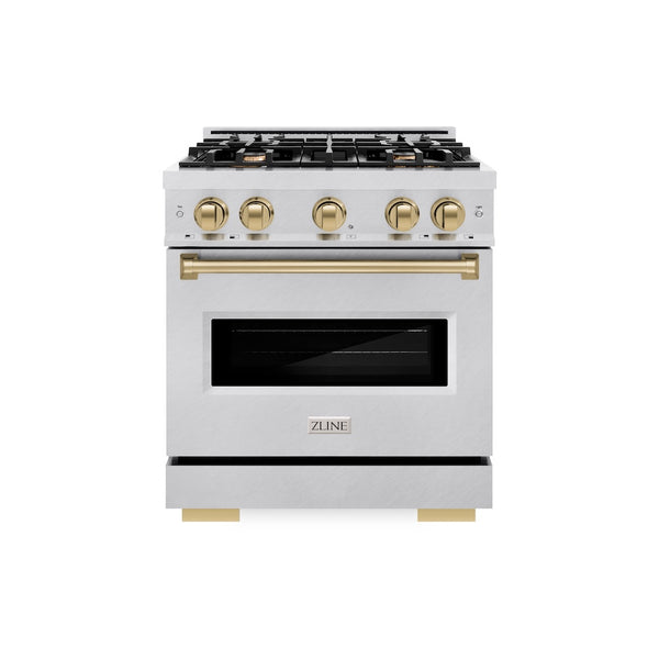 ZLINE Autograph Edition 30 in. 4.2 cu. ft. Classic Gas Range with 4 Burner Cooktop and Convection Gas Oven in Satin Stainless Steel and Champagne Bronze Accents, Open Box-Great Condition