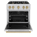 ZLINE Autograph Edition 30 in. 4.2 cu. ft. Classic Gas Range with 4 Burner Cooktop and Convection Gas Oven in Satin Stainless Steel and Champagne Bronze Accents, Open Box-Great Condition