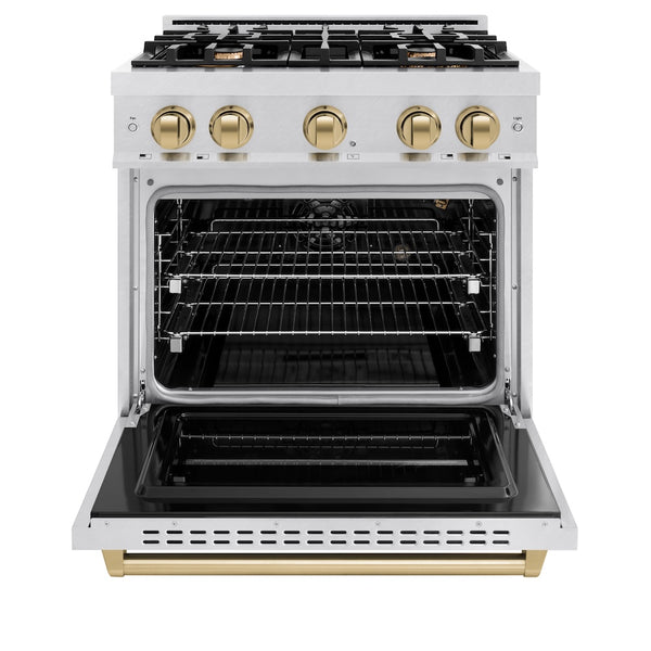 ZLINE Autograph Edition 30 in. 4.2 cu. ft. Classic Gas Range with 4 Burner Cooktop and Convection Gas Oven in Satin Stainless Steel and Champagne Bronze Accents, Open Box-Great Condition
