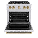 ZLINE Autograph Edition 30 in. 4.2 cu. ft. Classic Gas Range with 4 Burner Cooktop and Convection Gas Oven in Satin Stainless Steel and Champagne Bronze Accents, Open Box-Good Condition