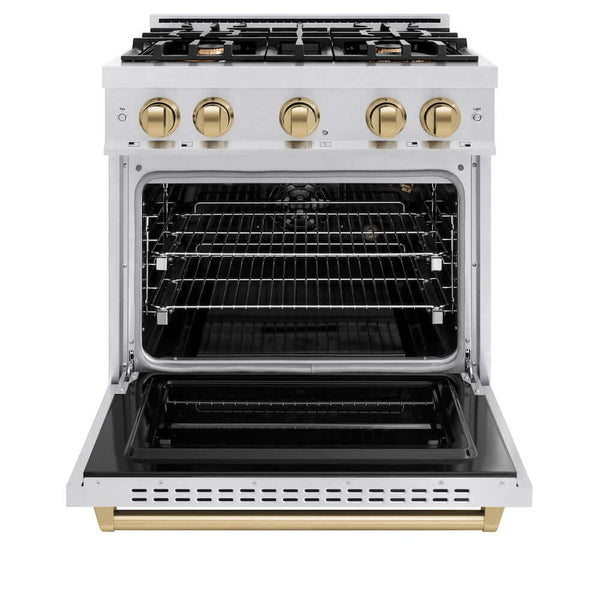 ZLINE Autograph Edition 30 in. 4.2 cu. ft. Classic Gas Range with 4 Burner Cooktop and Convection Gas Oven in Satin Stainless Steel and Champagne Bronze Accents, Open Box-Good Condition