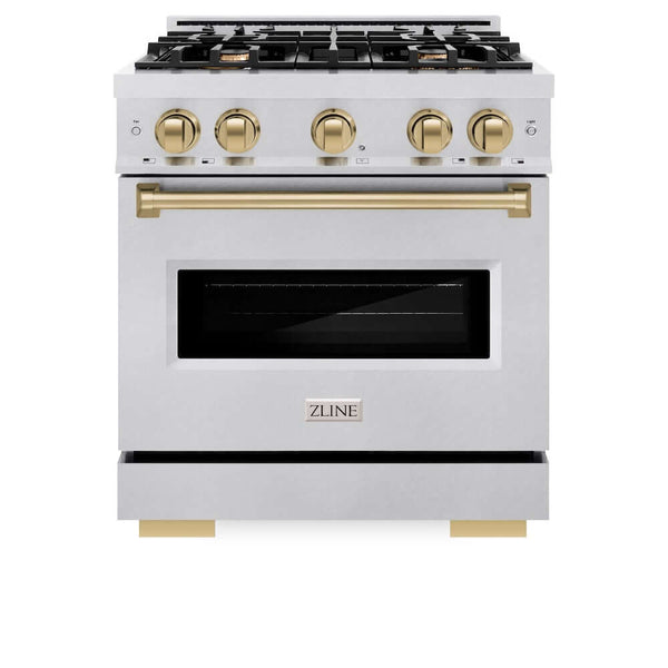 ZLINE Autograph Edition 30 in. 4.2 cu. ft. Classic Gas Range with 4 Burner Cooktop and Convection Gas Oven in Satin Stainless Steel and Champagne Bronze Accents, Open Box-Good Condition